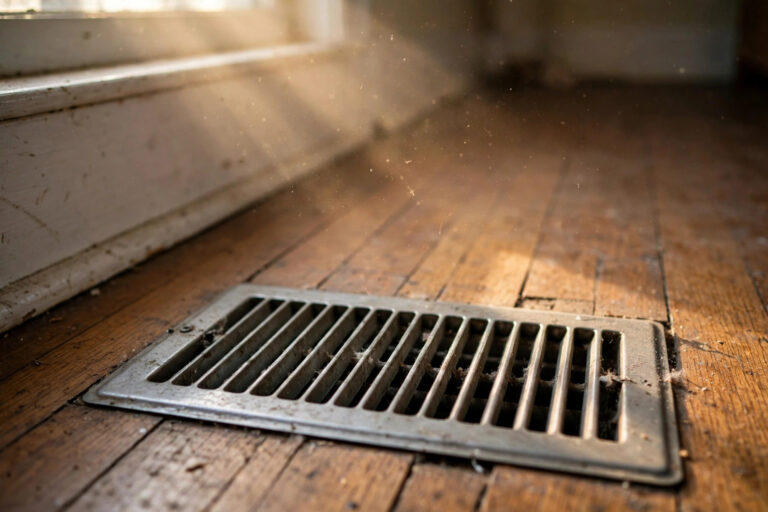 Dusty floor heating vent with sunlight across hardwood floors